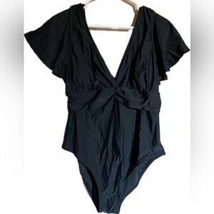 Black One Piece Swimsuit with Plunging V-Neck and Flutter Sleeves. Size Large